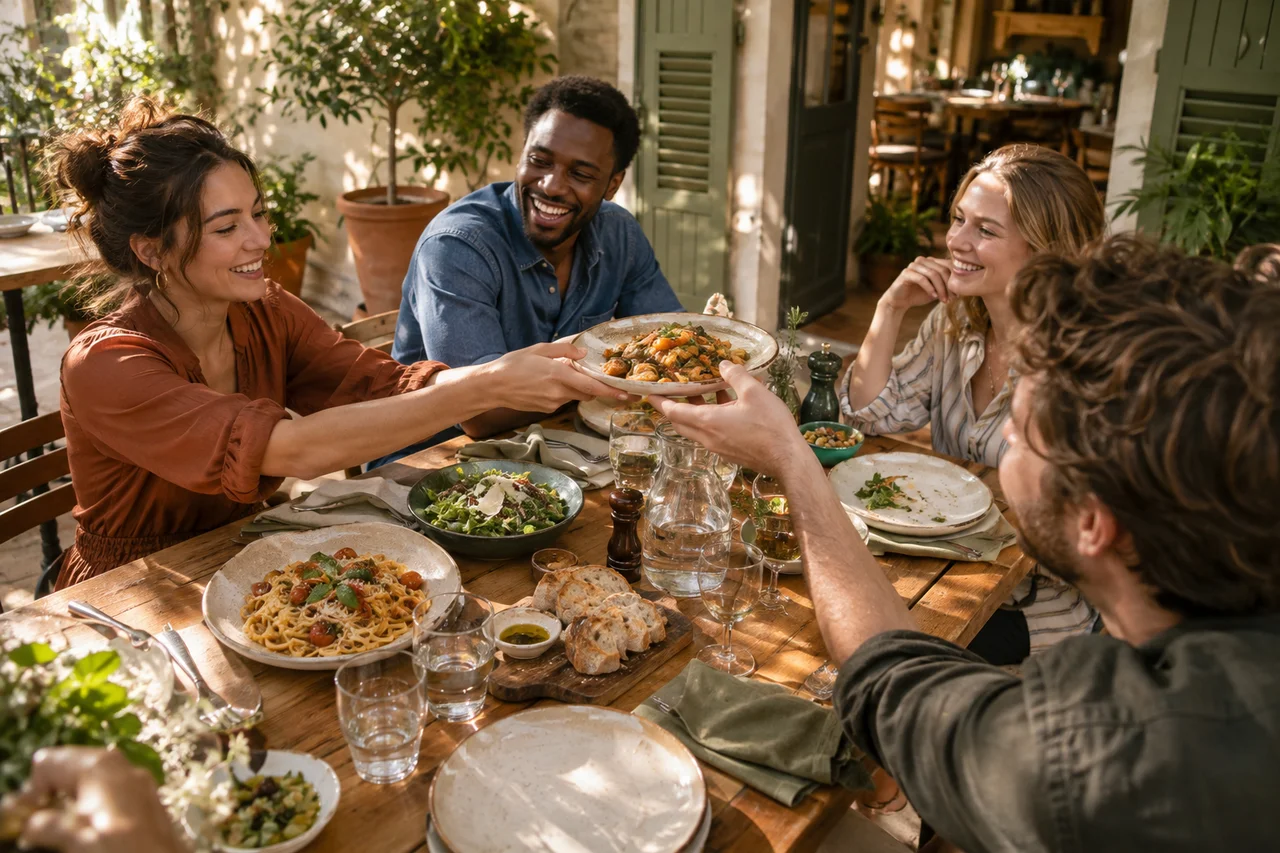 Friends sharing a meal on a neighborhood restaurant terrace