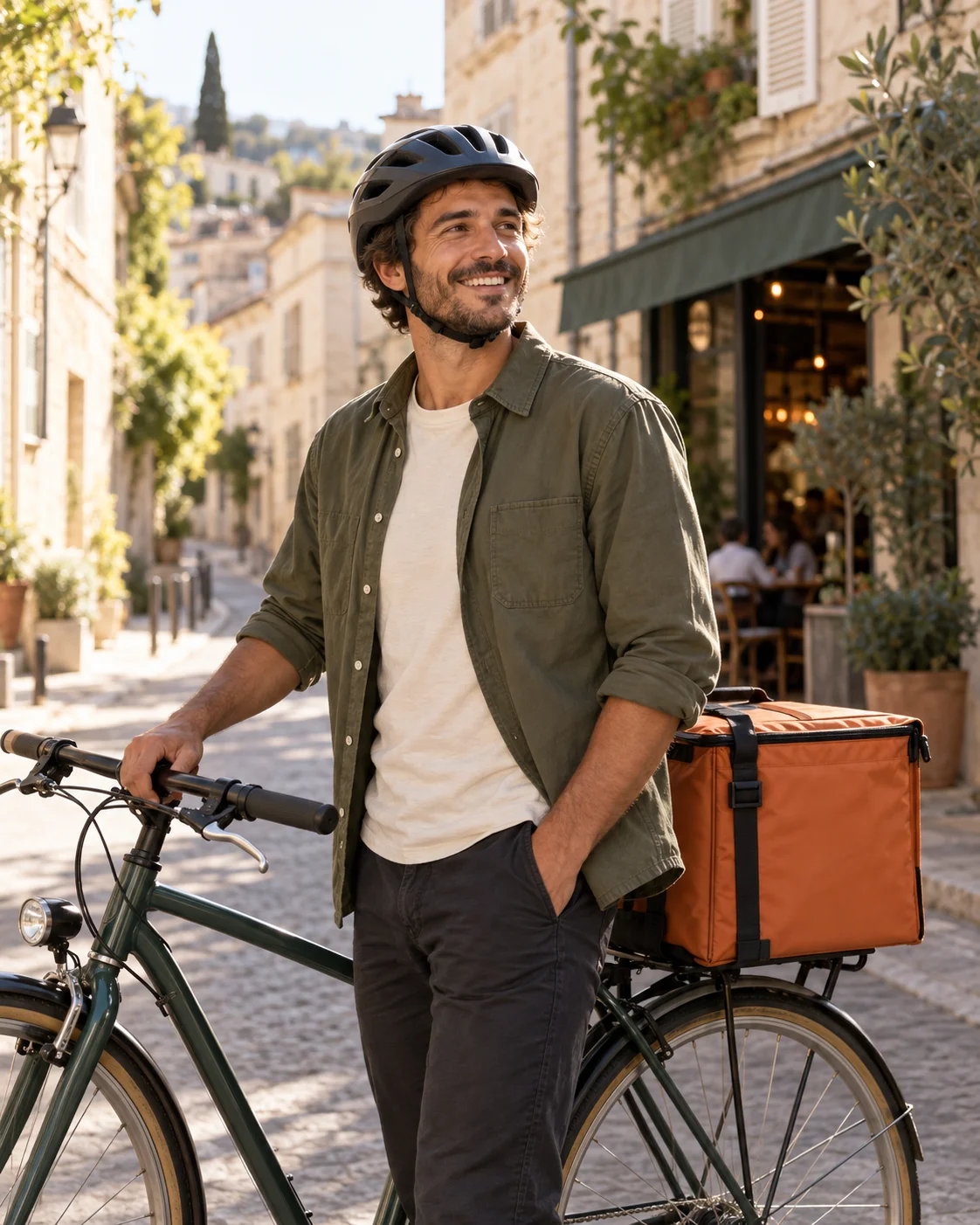 A bicycle courier on a sunny neighborhood street