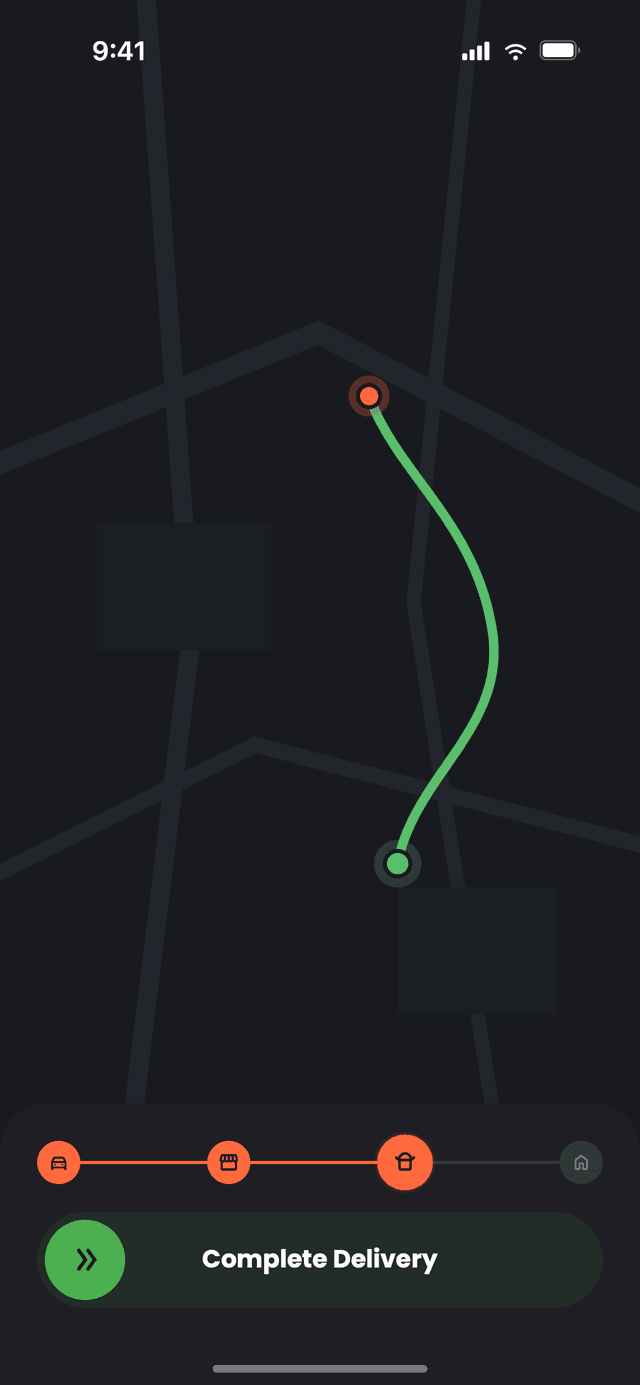 Navigation to the customer in Nibblify Driver, ending in a single tap to complete the delivery