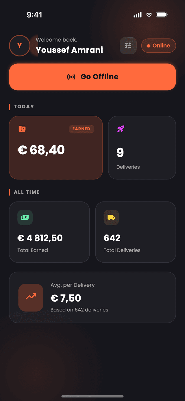 The Nibblify Driver home screen, with today's earnings, deliveries done and lifetime totals