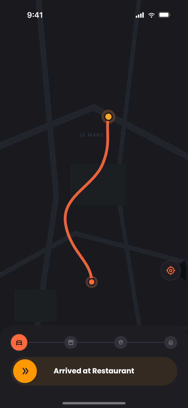 Turn-by-turn navigation to the restaurant in Nibblify Driver, with a step-by-step delivery tracker