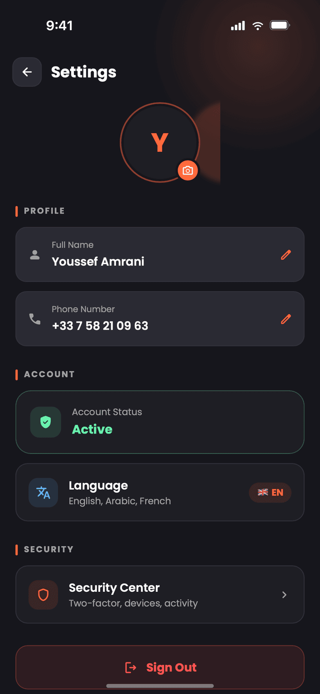 The Nibblify Driver settings screen, with account status, app language and the security centre