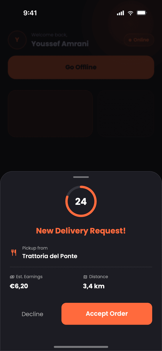 An incoming delivery request in Nibblify Driver, showing pickup, the delivery amount and distance before you accept