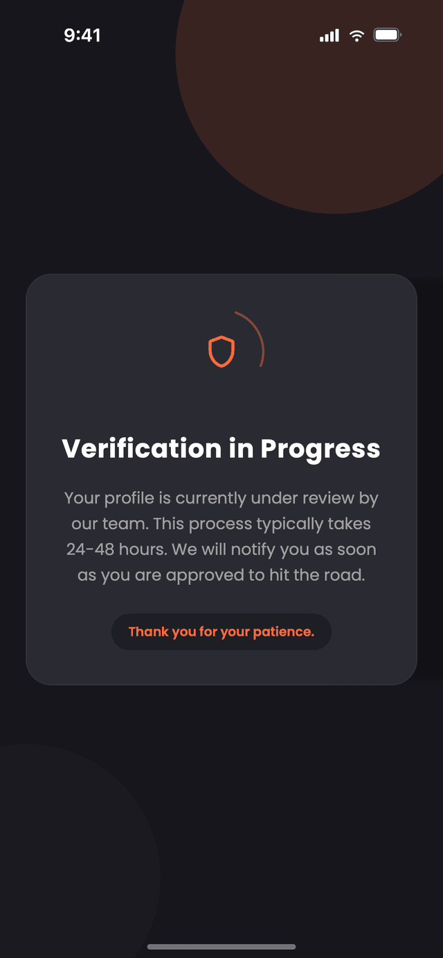 The Nibblify Driver verification screen, shown while a new driver's documents are being reviewed