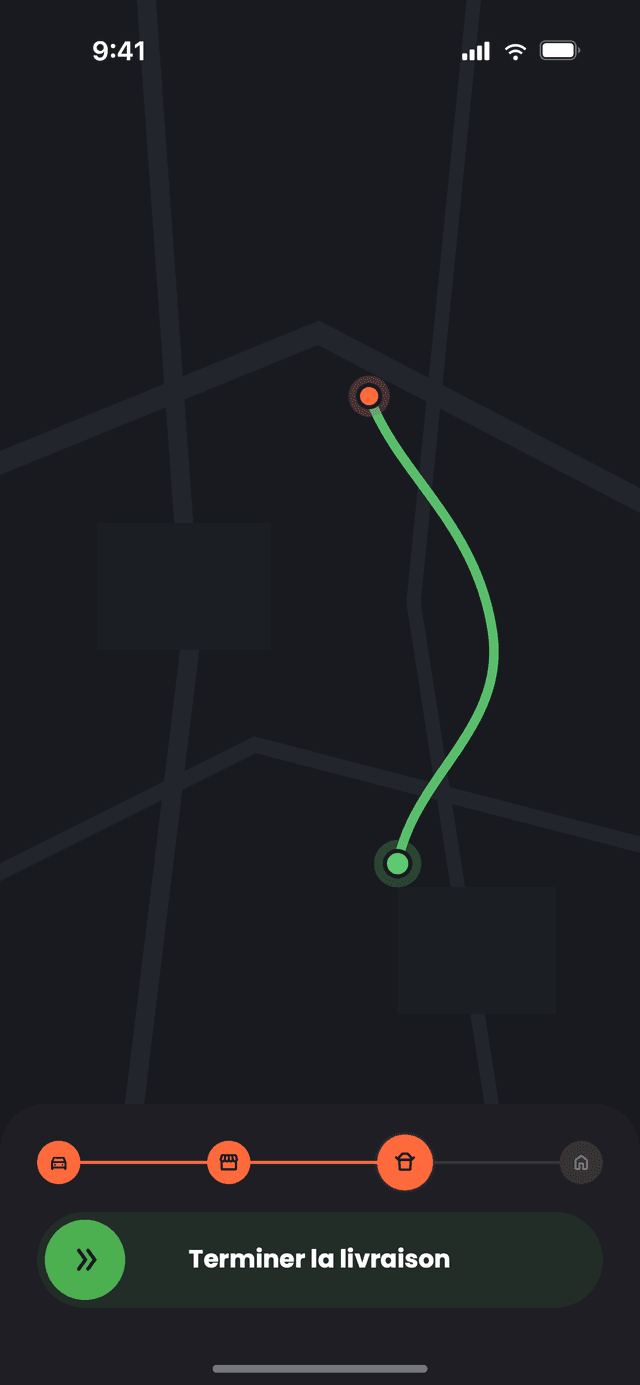 La navigation jusqu'au client dans Nibblify Driver, avec un seul appui pour terminer la livraison