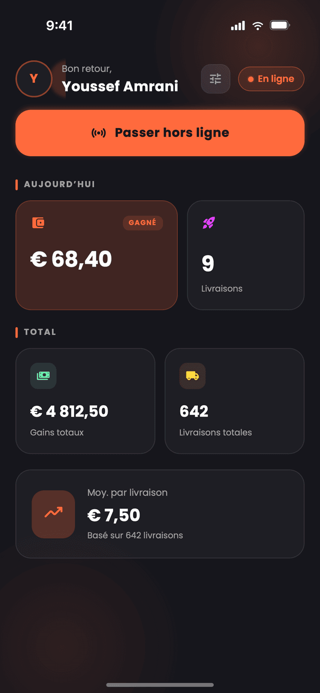 L'accueil de Nibblify Driver, avec les gains du jour, les livraisons effectuées et les totaux depuis le début