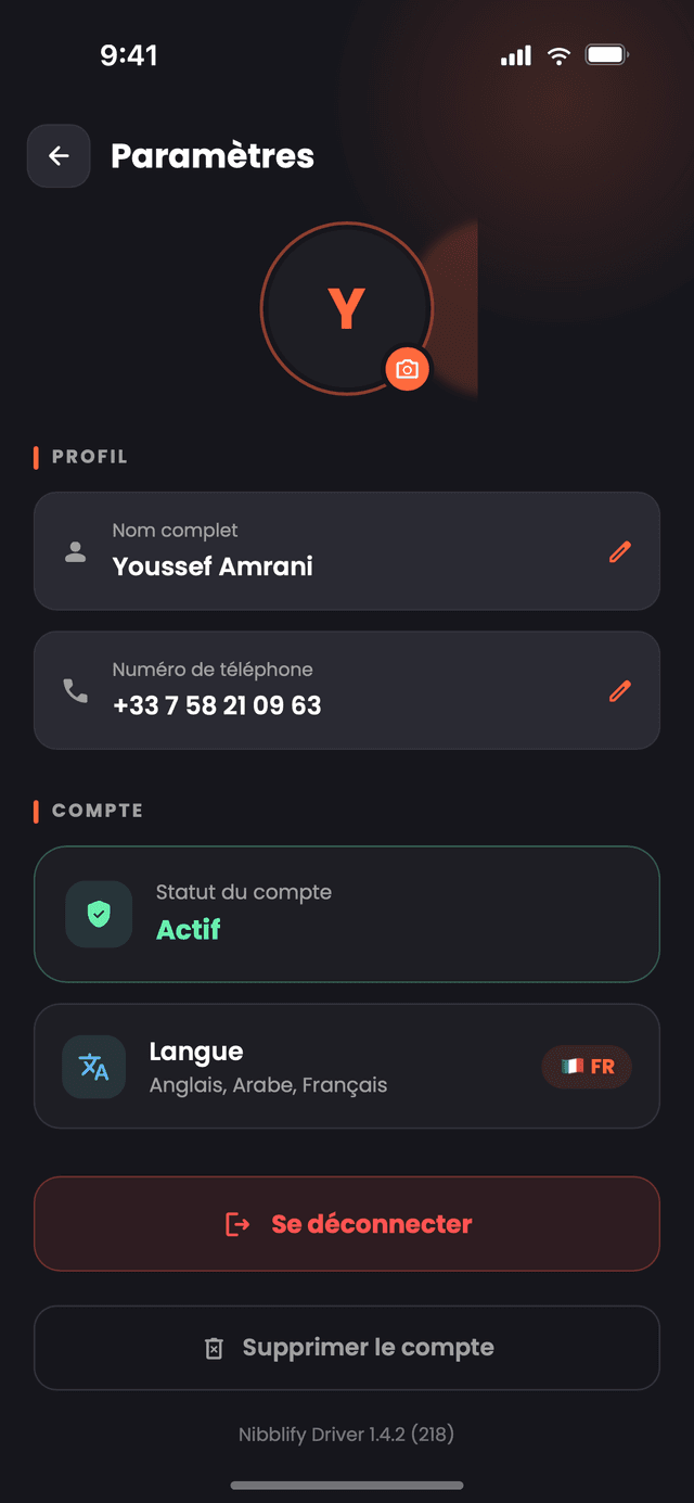 L'écran Paramètres de Nibblify Driver, avec le statut du compte, la langue de l'application et le centre de sécurité