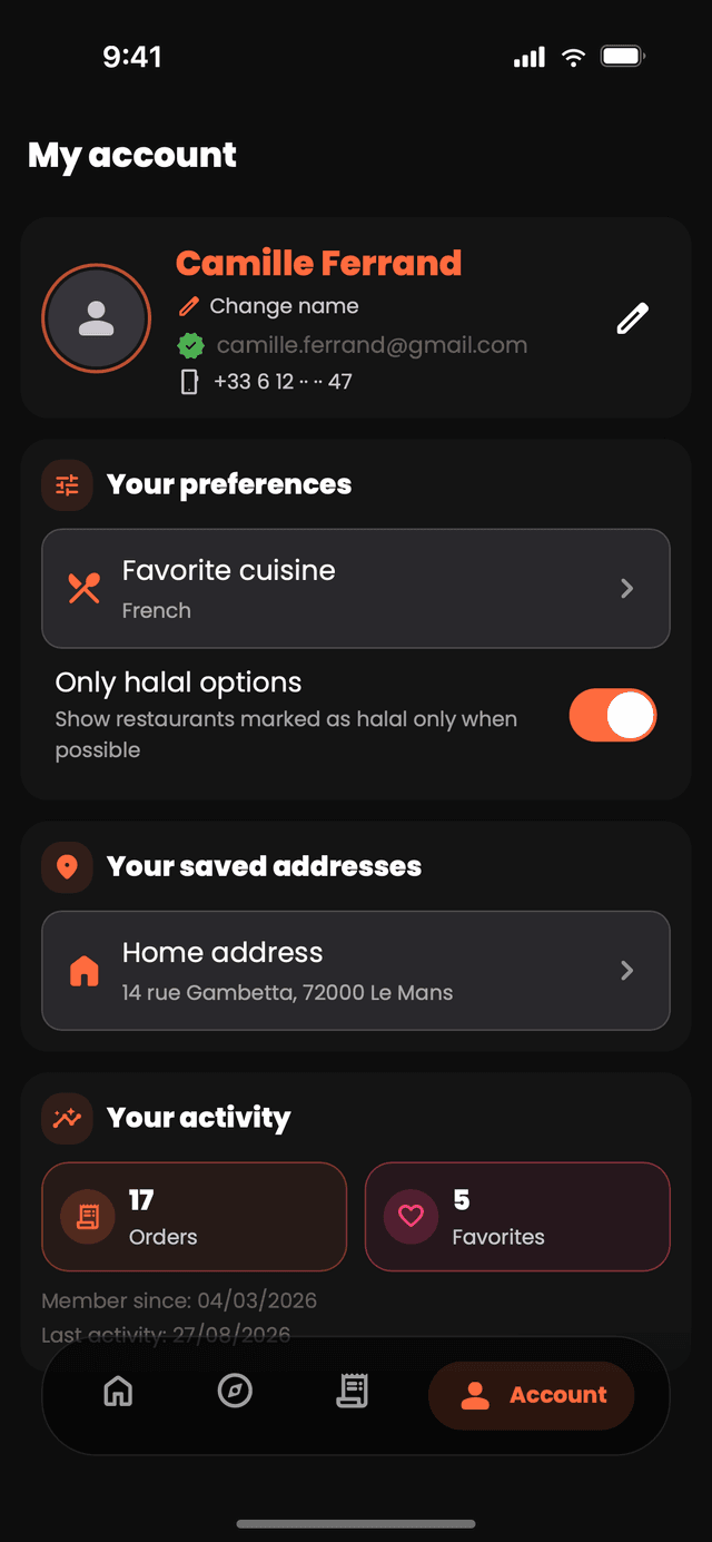 La schermata account di Nibblify Food, con preferenze di cucina, filtro solo halal e indirizzi salvati