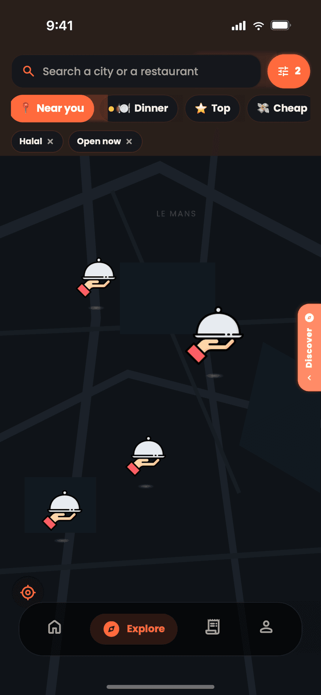 La mappa di Nibblify Food, con i ristoranti intorno a te e i filtri halal, aperto ora e prezzo