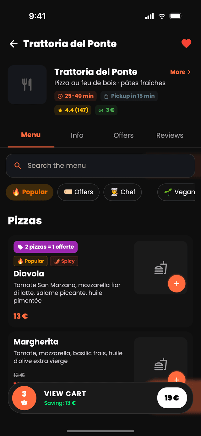 La pagina di un ristorante in Nibblify Food, con il menu fotografico, la valutazione, i tempi di consegna e le offerte
