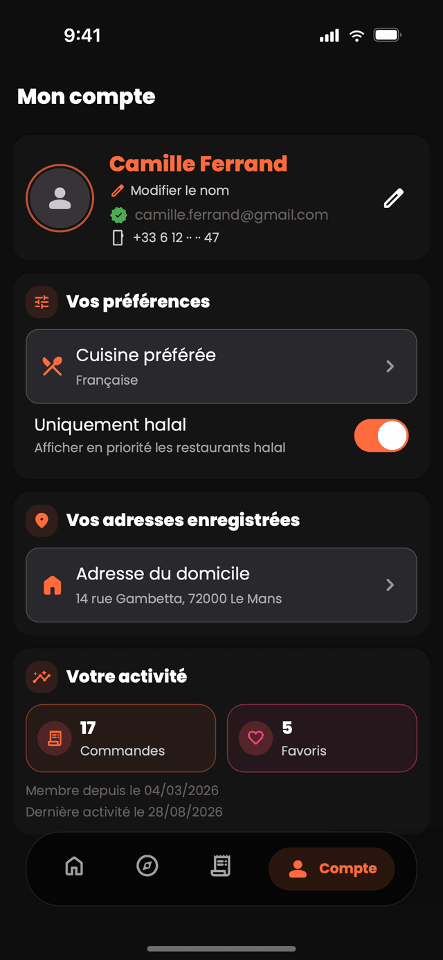 L'écran Compte de Nibblify Food, avec les préférences de cuisine, le filtre halal et les adresses enregistrées
