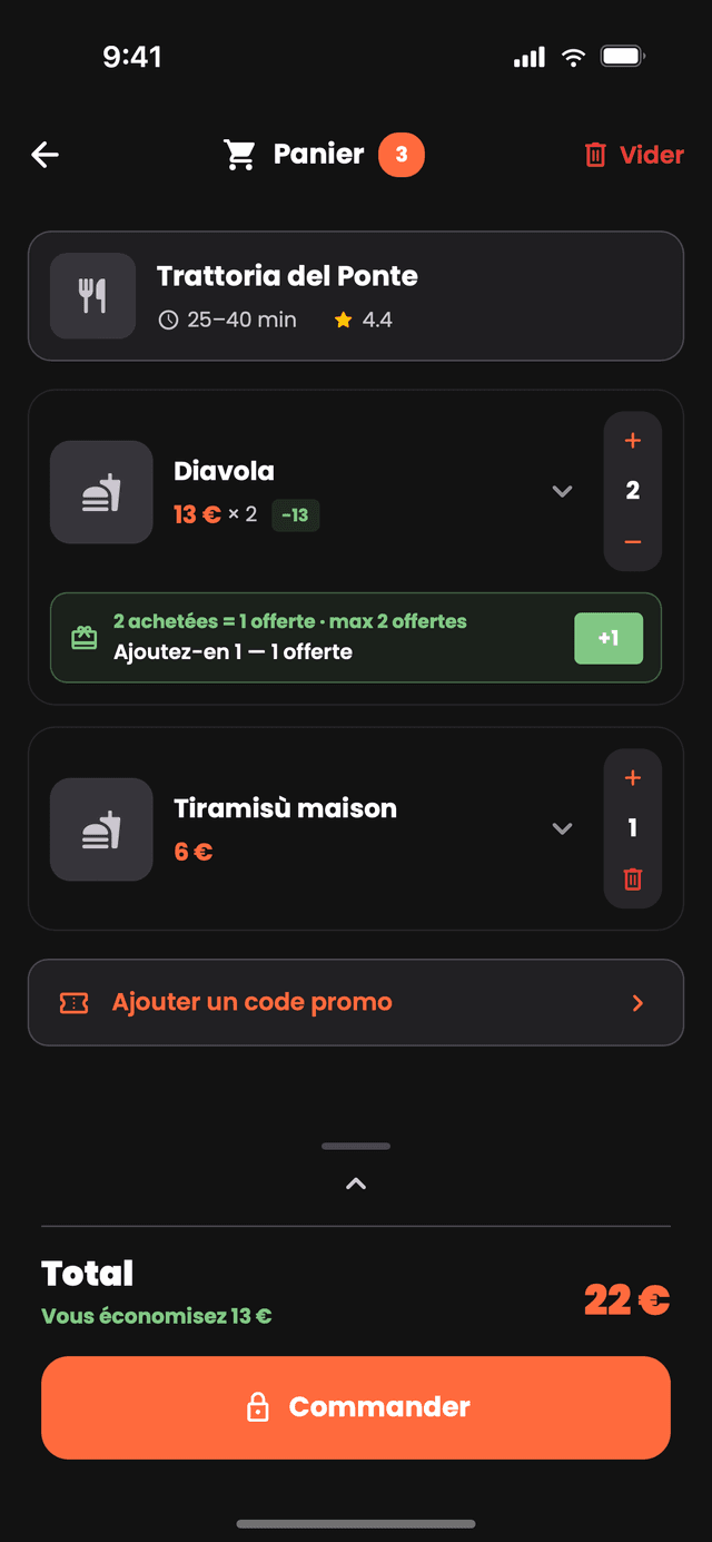 Le panier Nibblify Food, avec les offres « 1 acheté = 1 offert » appliquées automatiquement avant le paiement