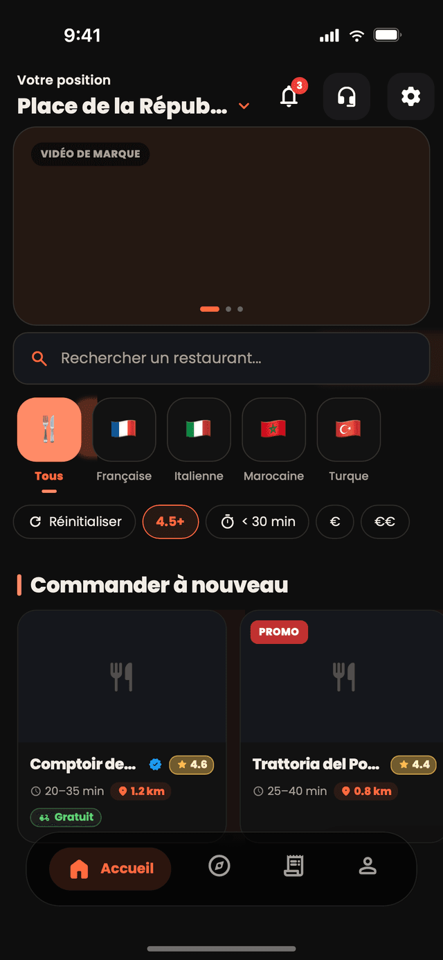 L'accueil de Nibblify Food : votre position, les filtres par cuisine et les restaurants les plus proches