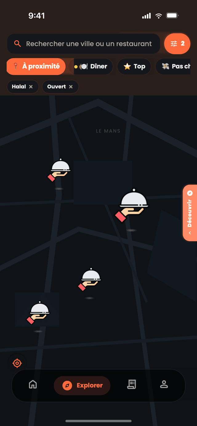La carte Nibblify Food, avec les restaurants autour de vous et des filtres halal, ouvert maintenant et prix