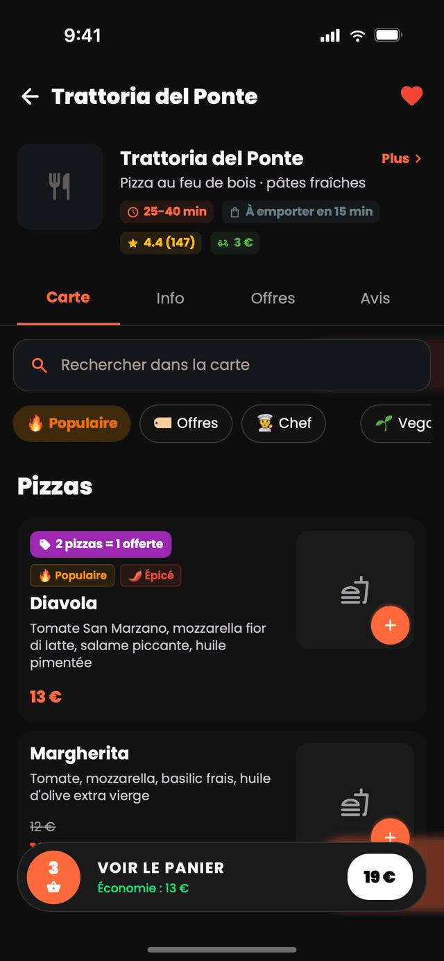 La page d'un restaurant dans Nibblify Food, avec sa carte en photos, sa note, son délai de livraison et ses offres