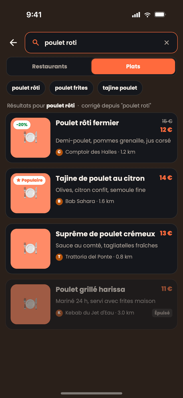 La recherche d'un plat dans tous les restaurants proches, avec les prix et la distance