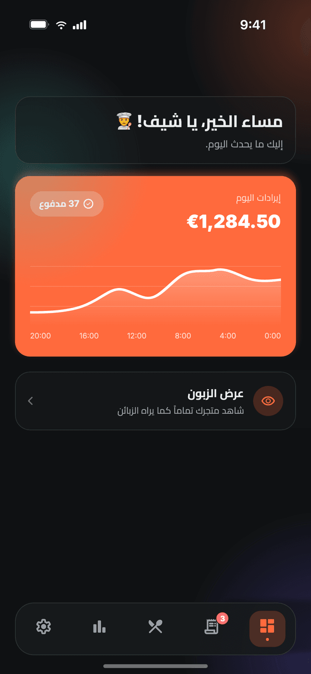 لوحة تحكم Nibblify Partner، مع إيرادات اليوم ومنحنى المبيعات المباشر ورابط إلى عرض الزبون
