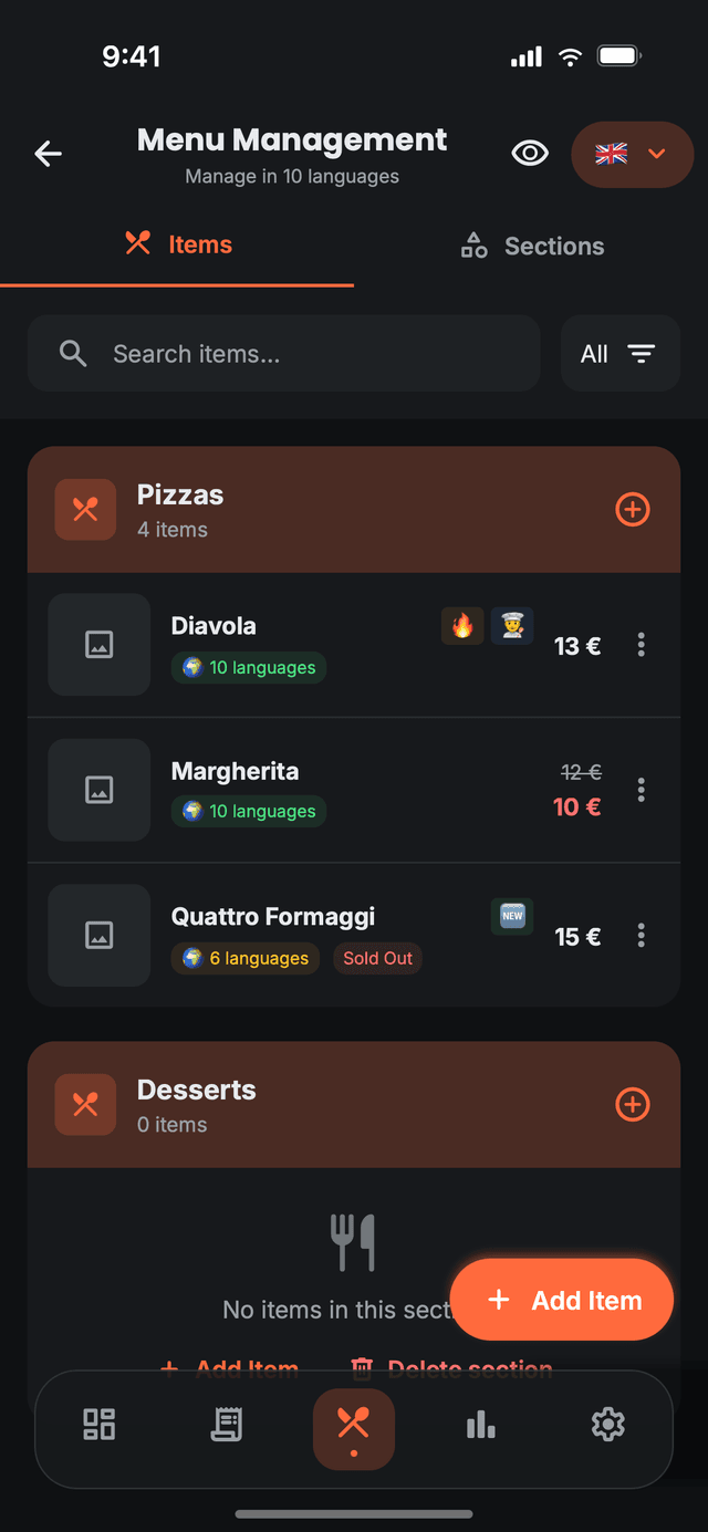 Menu management in Nibblify Partner, with sections, prices, stock and items translated into ten languages
