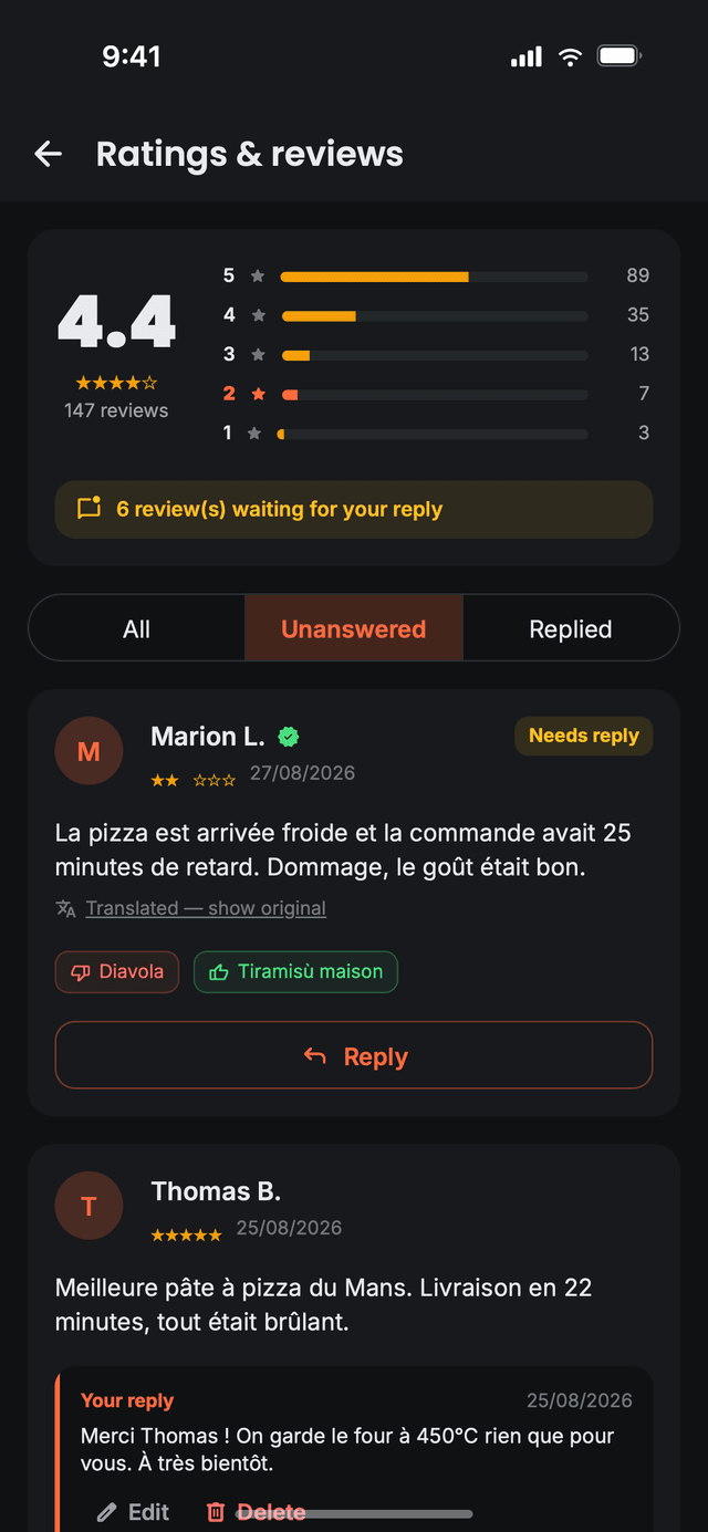 Ratings and reviews in Nibblify Partner, with translated customer feedback and your replies