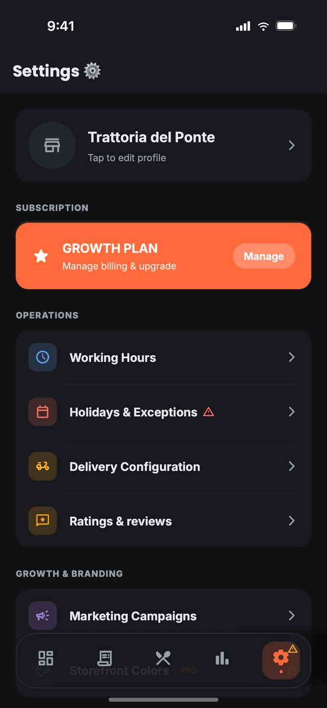 Nibblify Partner settings, covering your subscription plan, opening hours, delivery setup and marketing