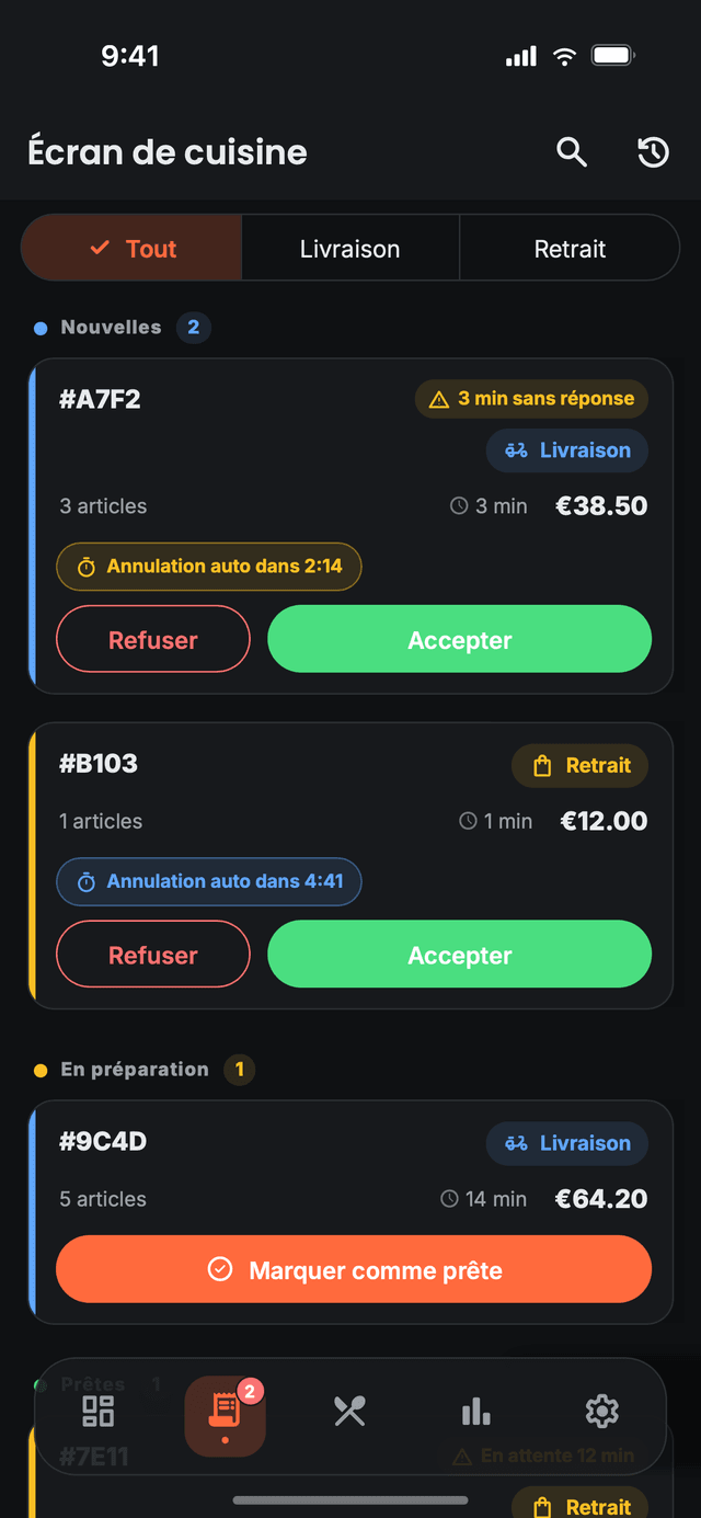 L'écran de cuisine de Nibblify Partner, où les commandes entrantes sont acceptées, refusées ou marquées prêtes