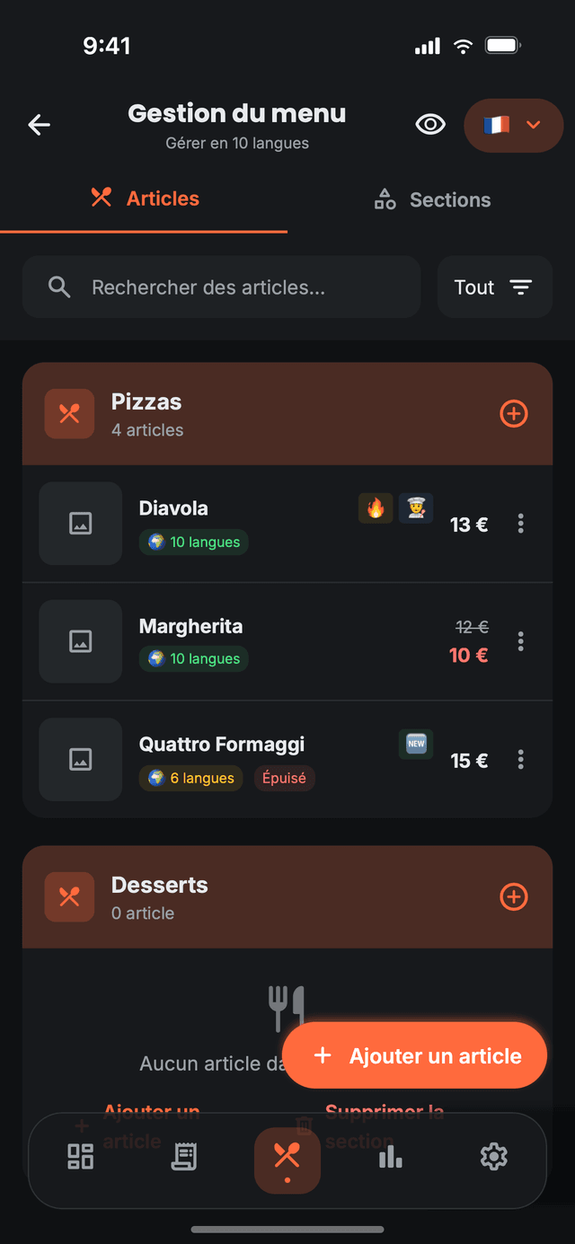 La gestion du menu dans Nibblify Partner, avec les sections, les prix, les stocks et les articles traduits en dix langues