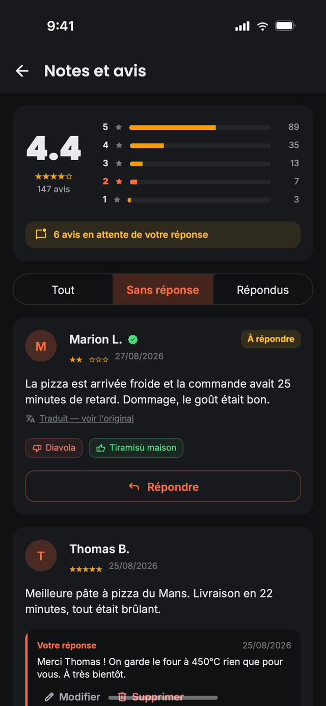 Les avis et notes dans Nibblify Partner, avec les commentaires clients traduits et vos réponses