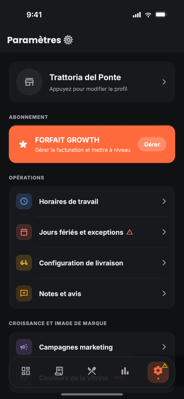 Les paramètres de Nibblify Partner : abonnement, horaires d'ouverture, configuration de la livraison et marketing